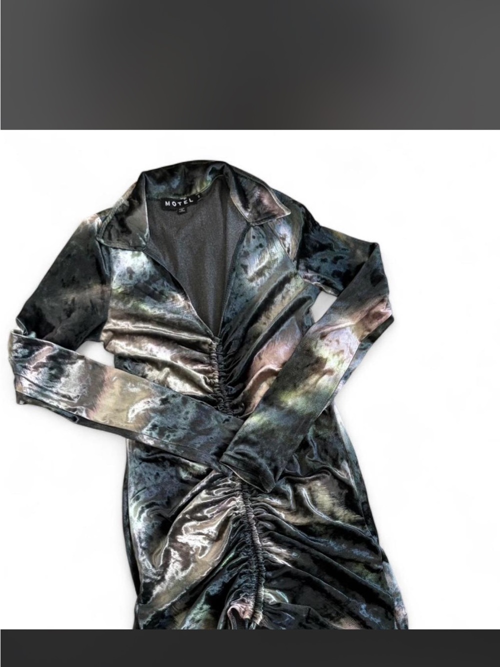 Motel Rocks Multi-Color Marble Velvet Long Sleeve Ruched Dress